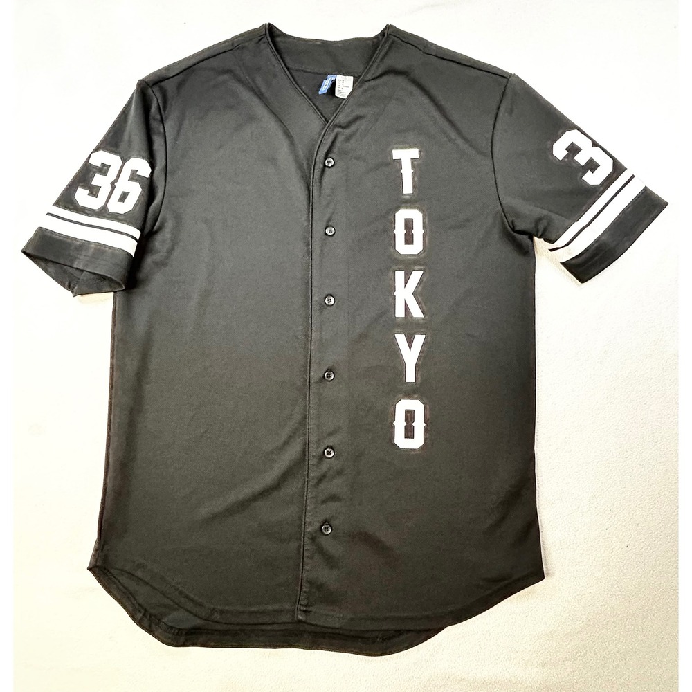H&M Tokyo Baseball Jersey Black Men's Med #36 Full Button Front